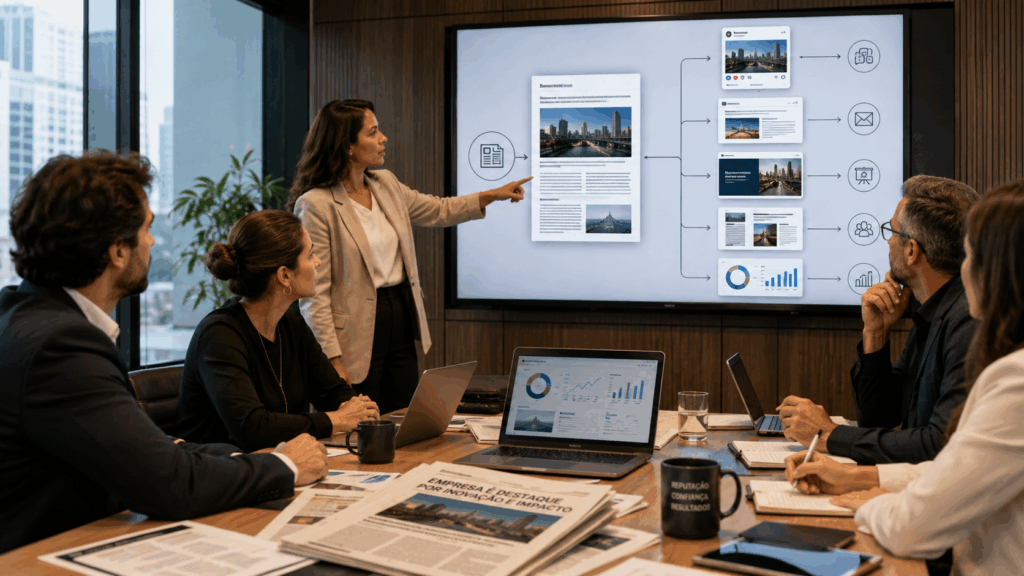 Equipe analisa resultados na mídia e ações de marketing